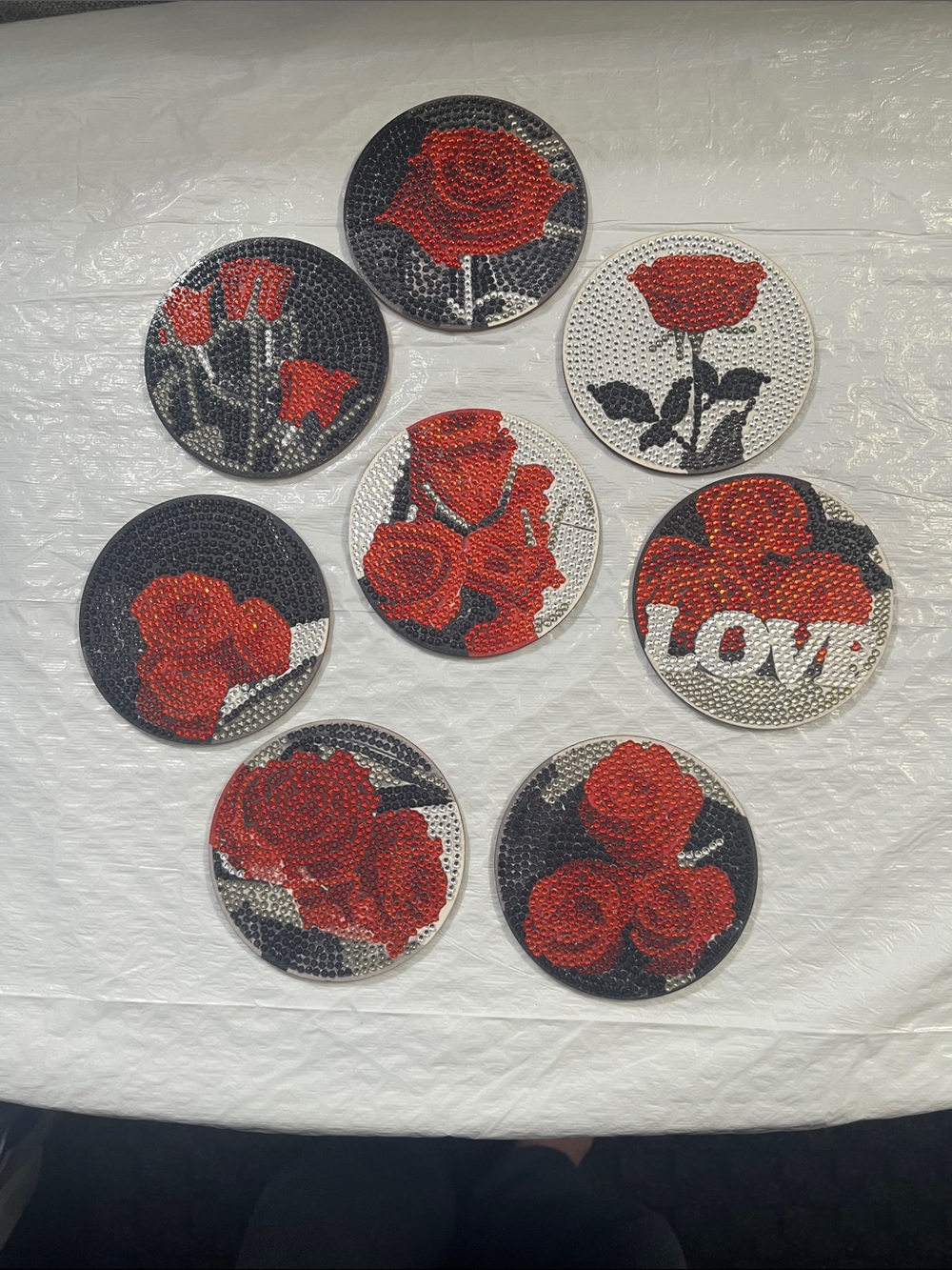 Set of 8 Red Rose Rhinestone Coasters